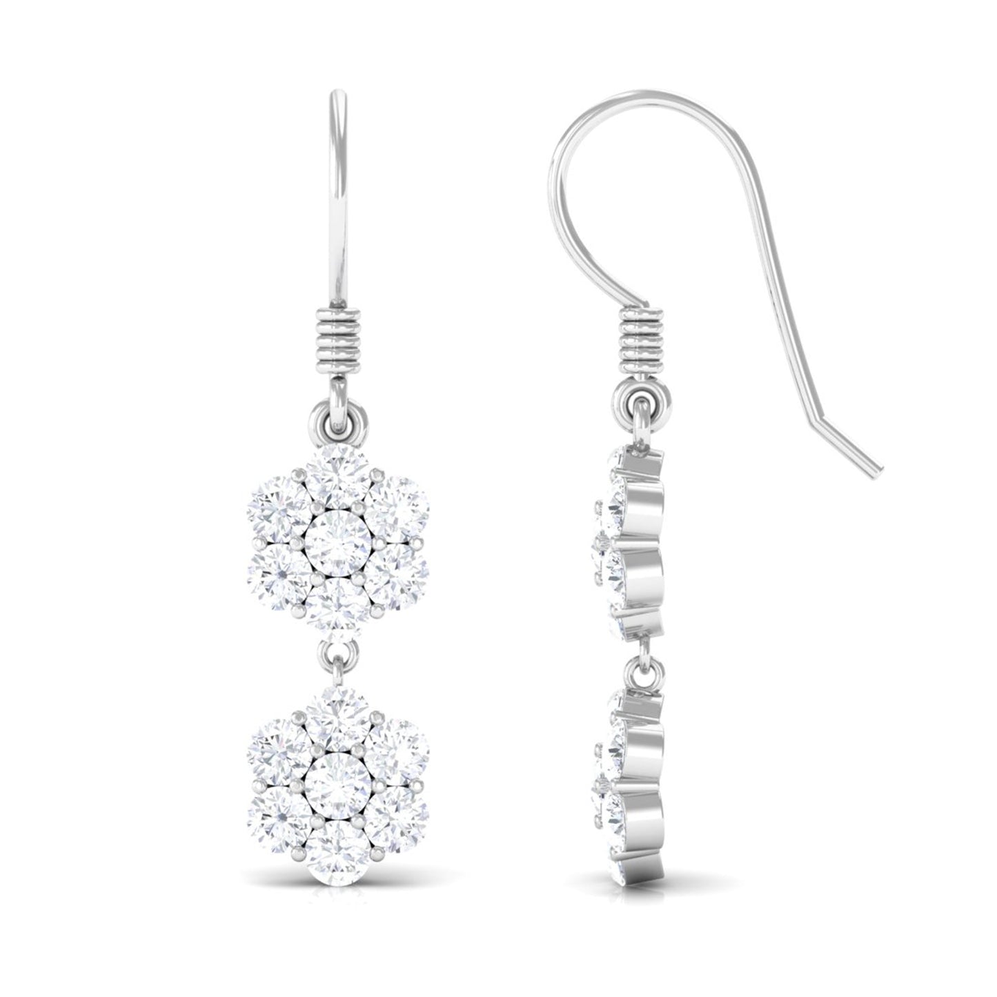 Certified Moissanite Double Flower Dangle Earrings with Fish Hook