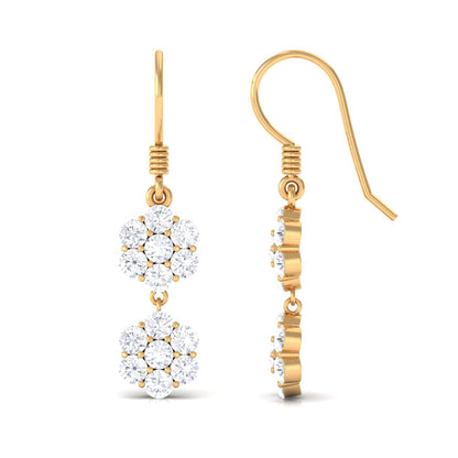 Certified Moissanite Double Flower Dangle Earrings with Fish Hook