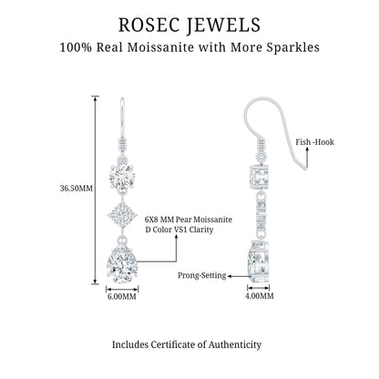 Certified Moissanite Bridal Dangle Earrings with Fish Hook