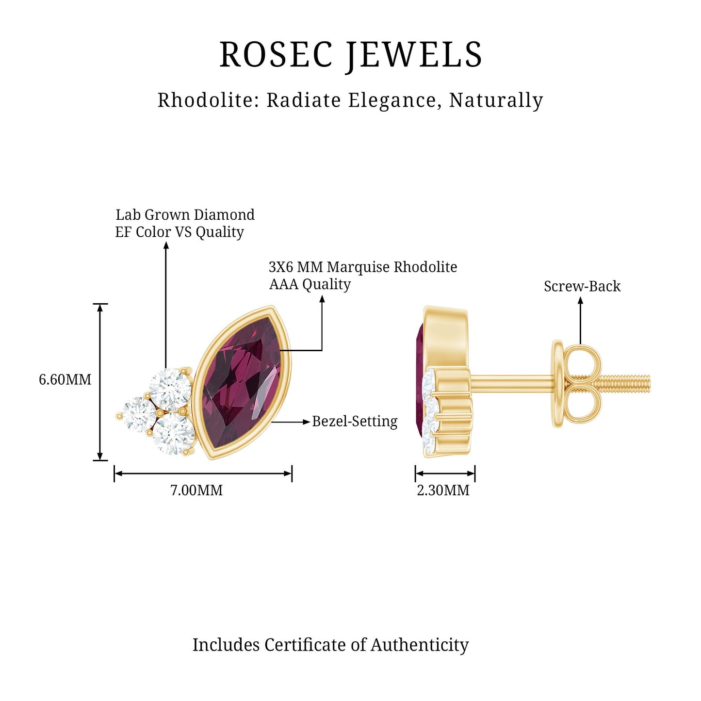 Bezel Set Rhodolite Garnet Stud Earrings with Diamonds