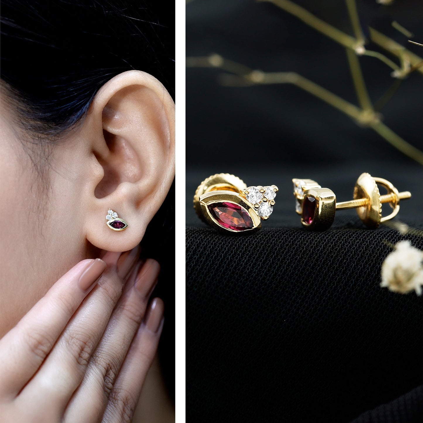 Bezel Set Rhodolite Garnet Stud Earrings with Diamonds