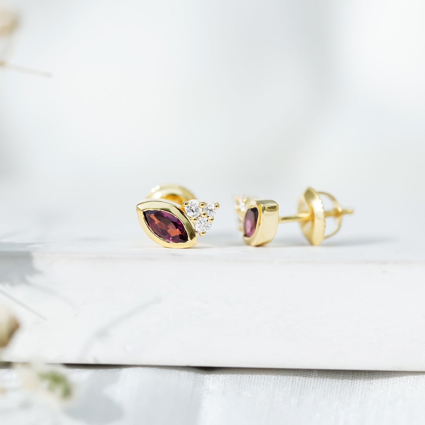 Bezel Set Rhodolite Garnet Stud Earrings with Diamonds