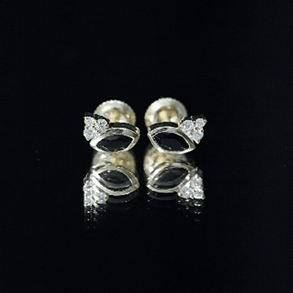 Natural Black Onyx Stud Earrings with Diamond Trio