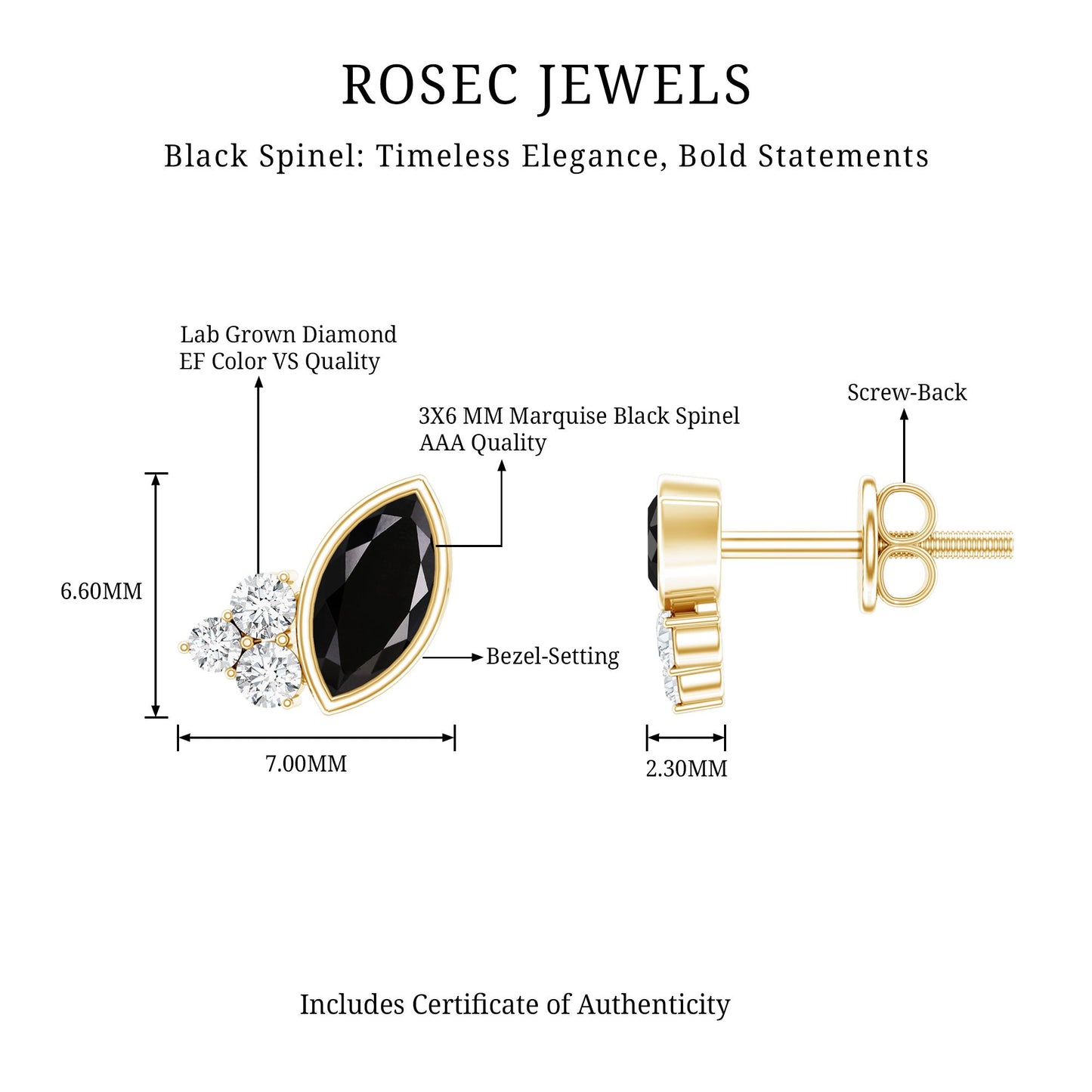 Marquise Cut Black Spinel Stud Earrings with Diamonds