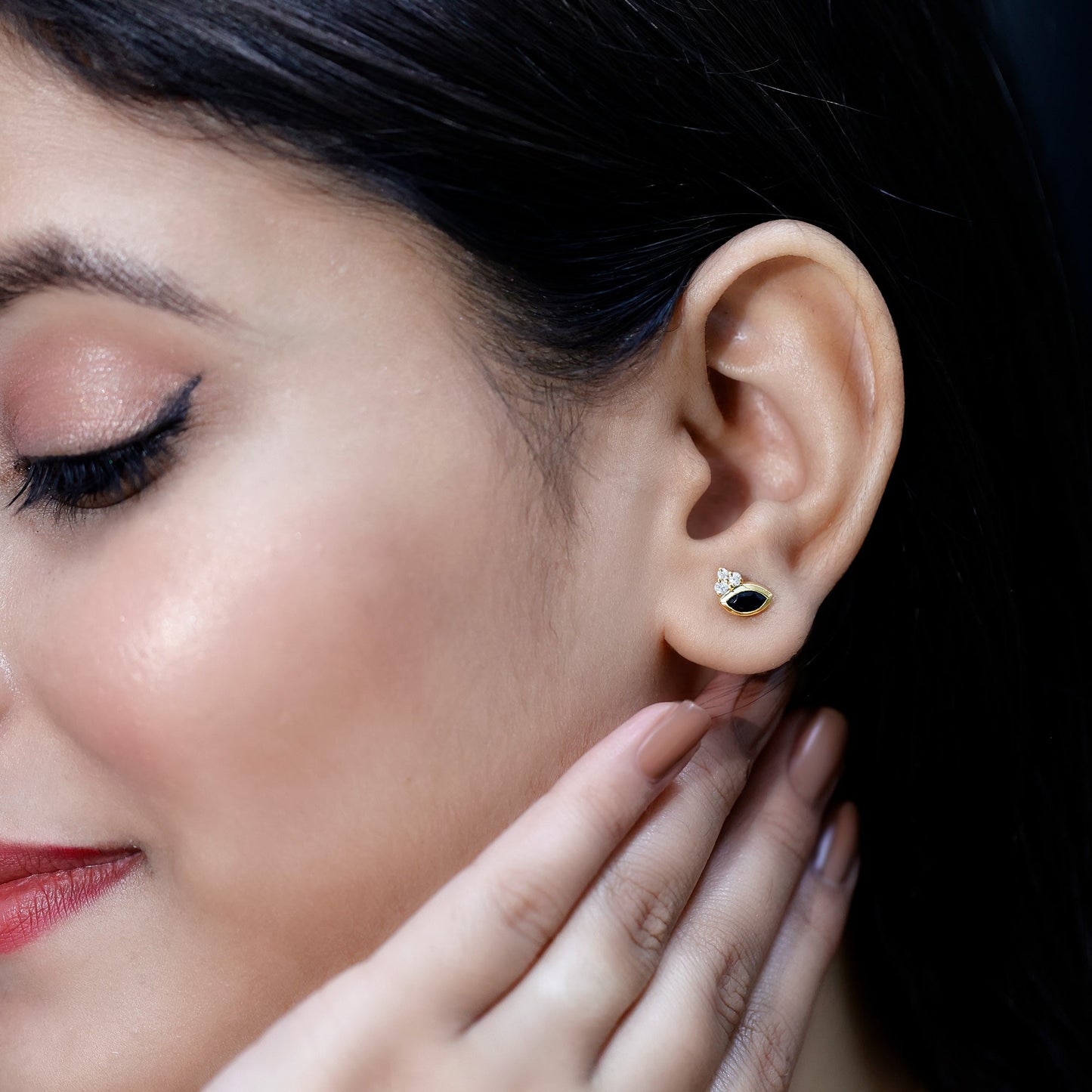 Marquise Cut Black Spinel Stud Earrings with Diamonds