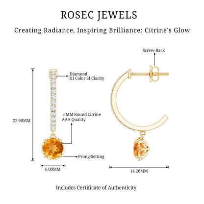 Natural Citrine Diamond Drop Hoop Earrings with Screw Back