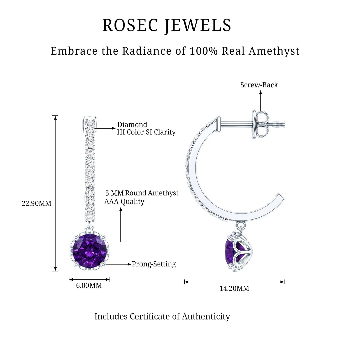 Natural Amethyst Hoop Drop Earrings with Diamond