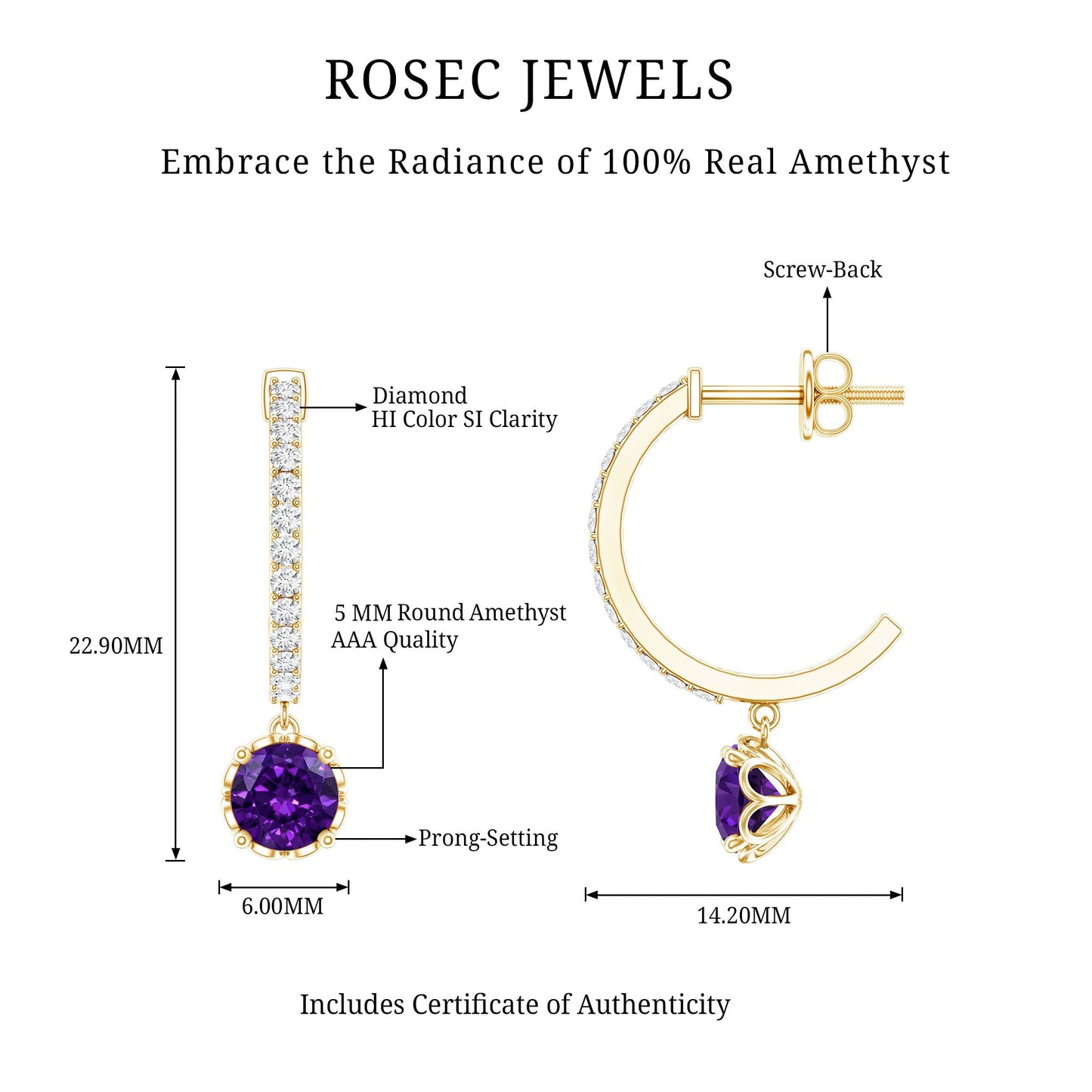 Natural Amethyst Hoop Drop Earrings with Diamond