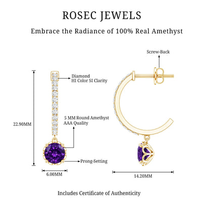 Natural Amethyst Hoop Drop Earrings with Diamond
