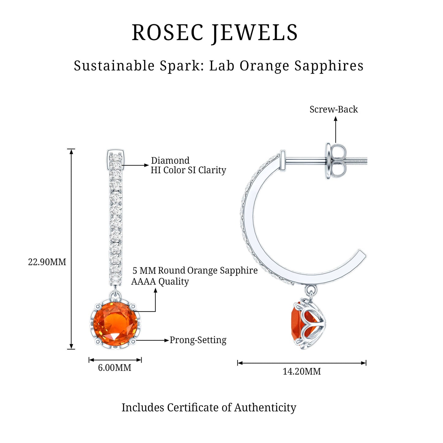 Lab Created Orange Sapphire and Diamond Hoop Drop Earrings