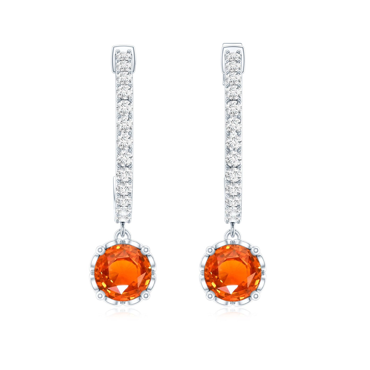 Lab Created Orange Sapphire and Diamond Hoop Drop Earrings