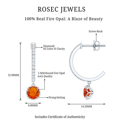 Certified Real Fire Opal Drop Hoop Earrings with Diamond