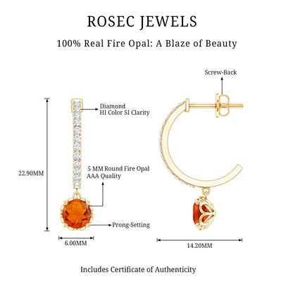 Certified Real Fire Opal Drop Hoop Earrings with Diamond