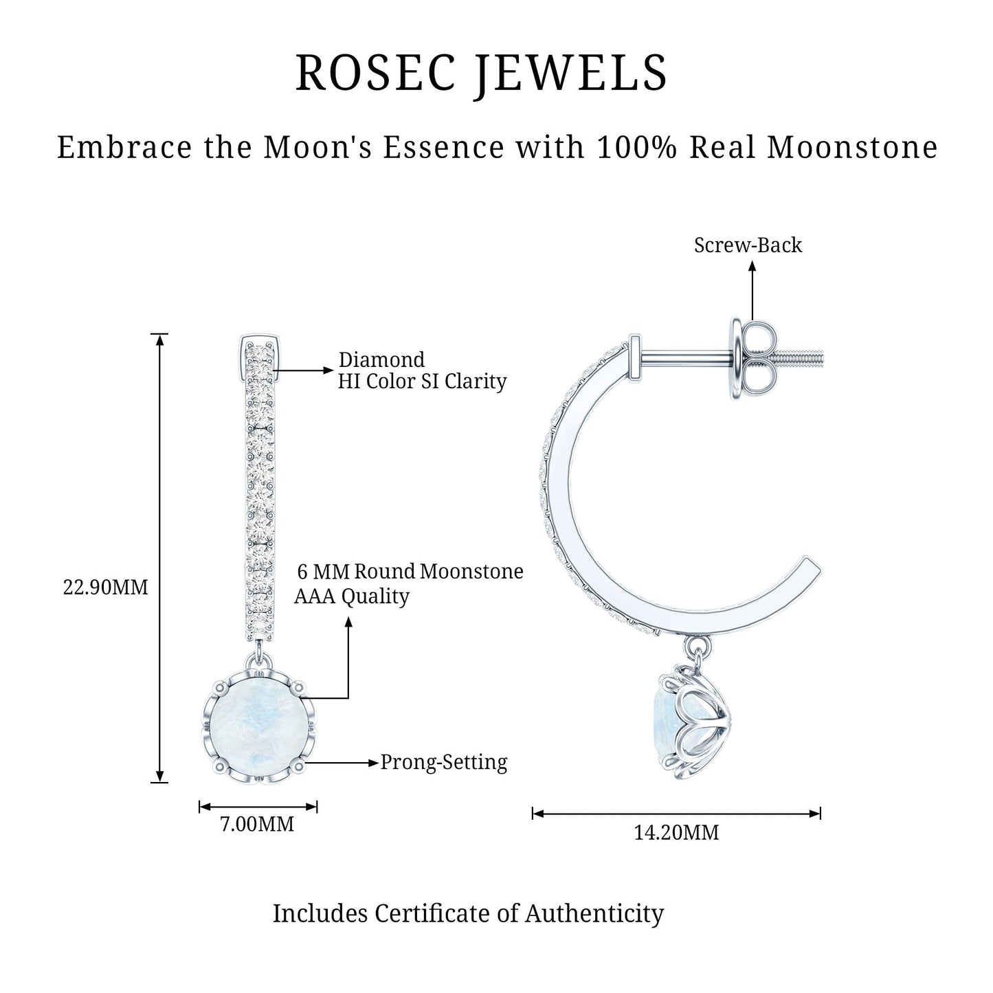 Natural Moonstone Drop Earrings with Diamond Hoop