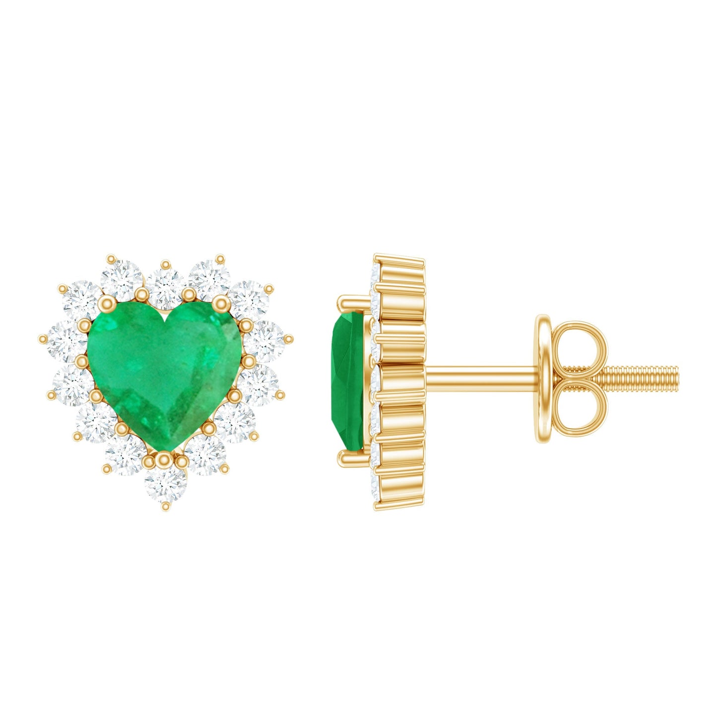 Natural Emerald Heart Stud Earrings with Diamond Halo