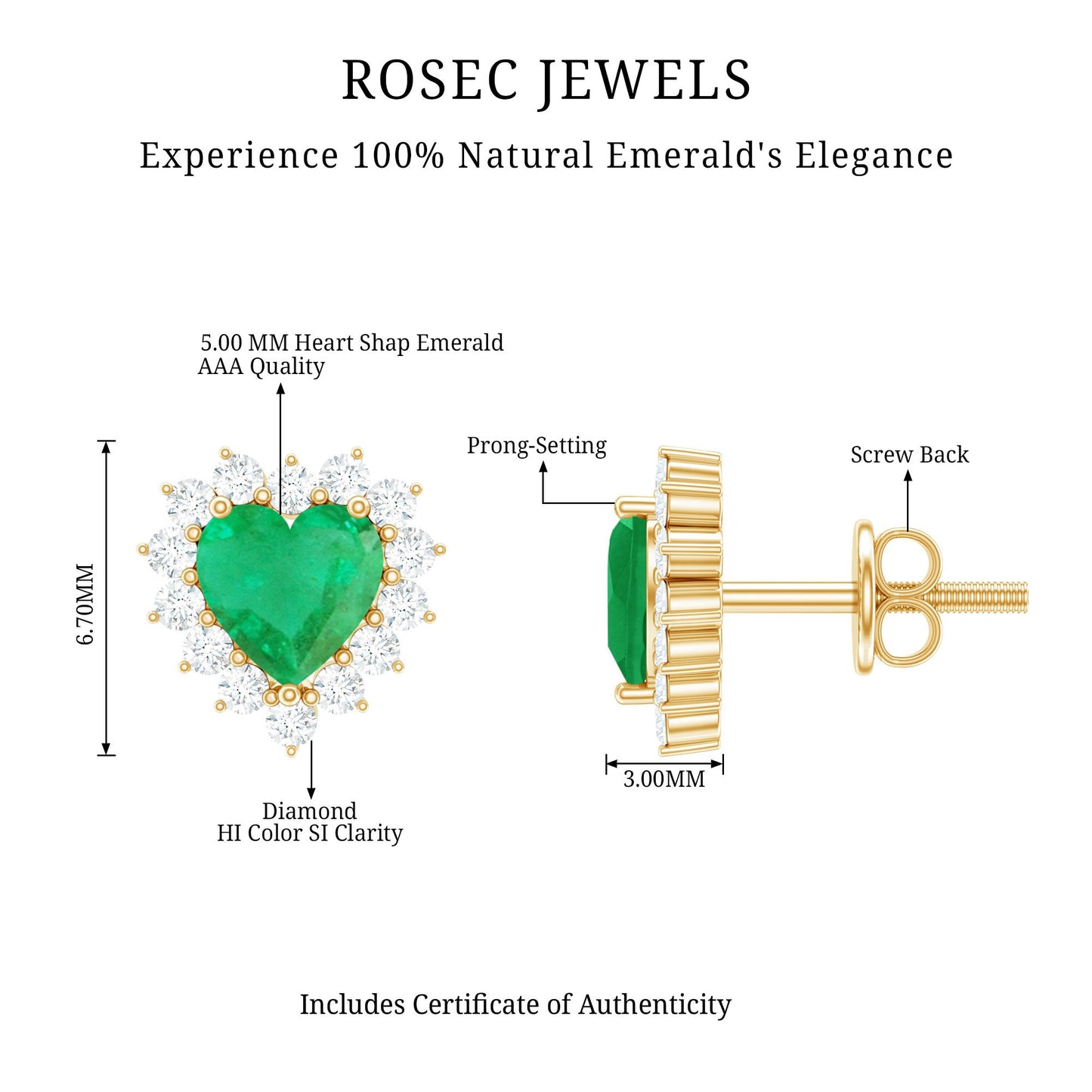 Natural Emerald Heart Stud Earrings with Diamond Halo