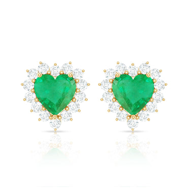 Natural Emerald Heart Stud Earrings with Diamond Halo