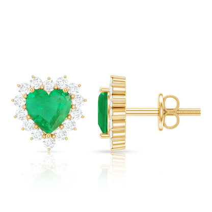 Natural Emerald Heart Stud Earrings with Diamond Halo