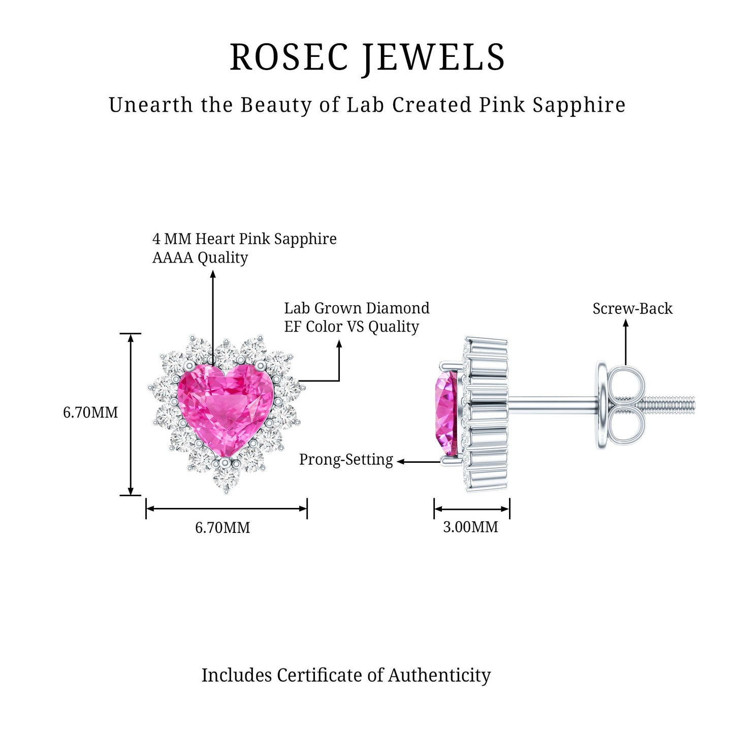 0.6 Carat Lab Grown Pink Sapphire Heart Stud Earrings with Diamond Halo