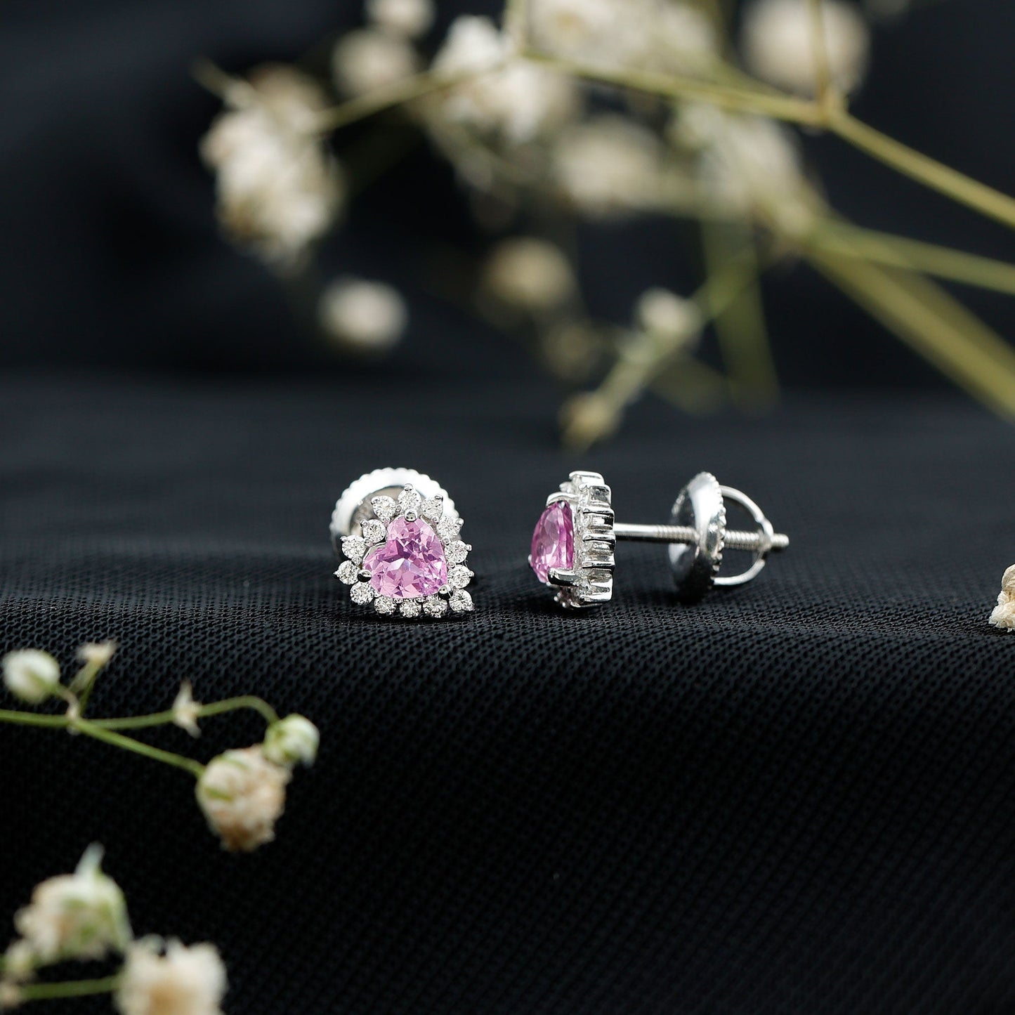0.6 Carat Lab Grown Pink Sapphire Heart Stud Earrings with Diamond Halo