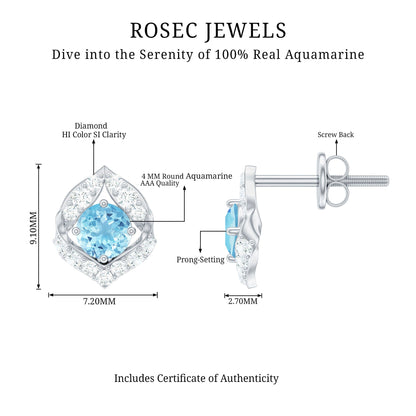 Vintage Inspired Aquamarine Diamond Leaf Earrings