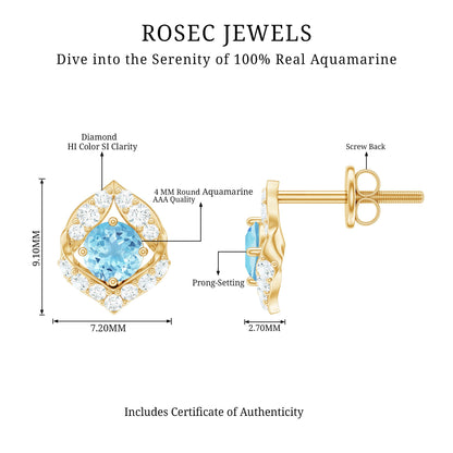 Vintage Inspired Aquamarine Diamond Leaf Earrings