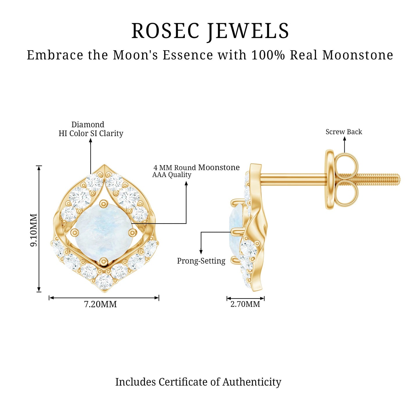 Real Moonstone Diamond Stud Earrings with Screw Back