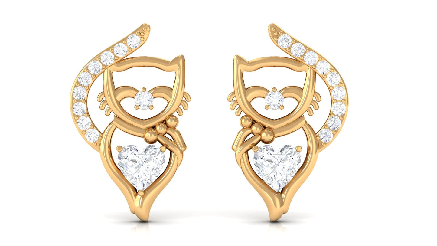 Natural Diamond Cat Stud Earrings with Screw Back