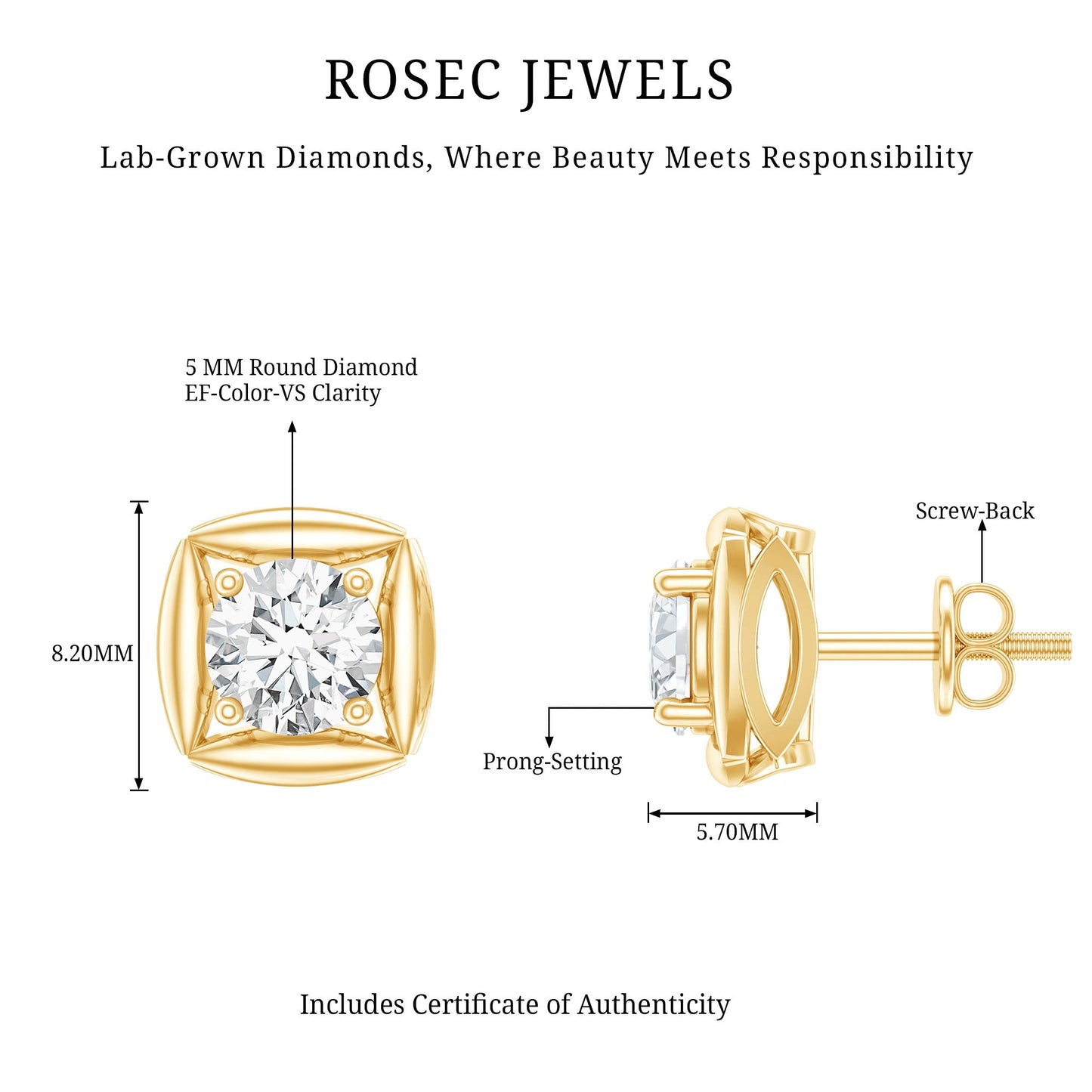 0.9 Carat Round Lab Grown Diamond Stud Earrings With Screw Back