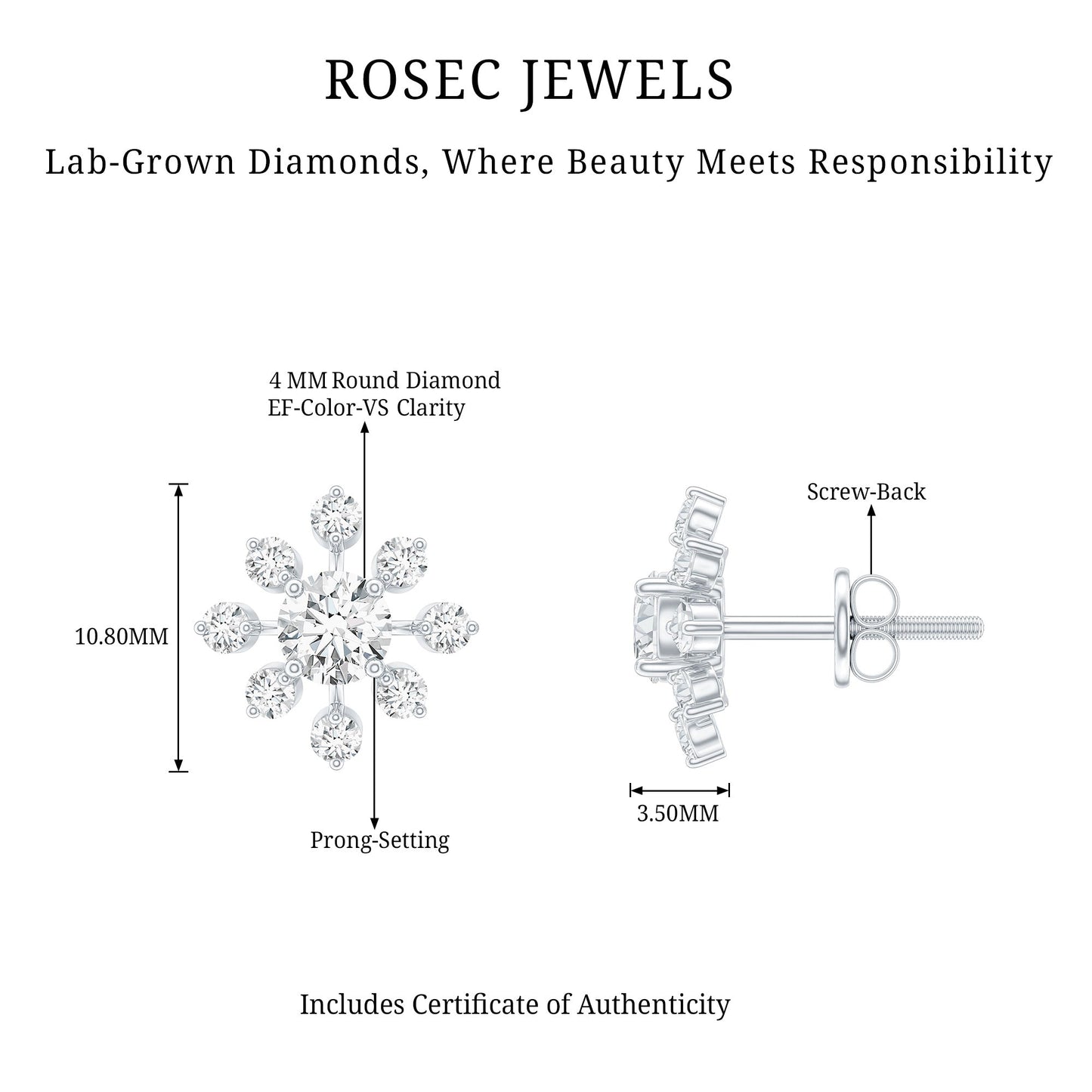 Certified Lab Grown Diamond Snowflake Stud Earrings