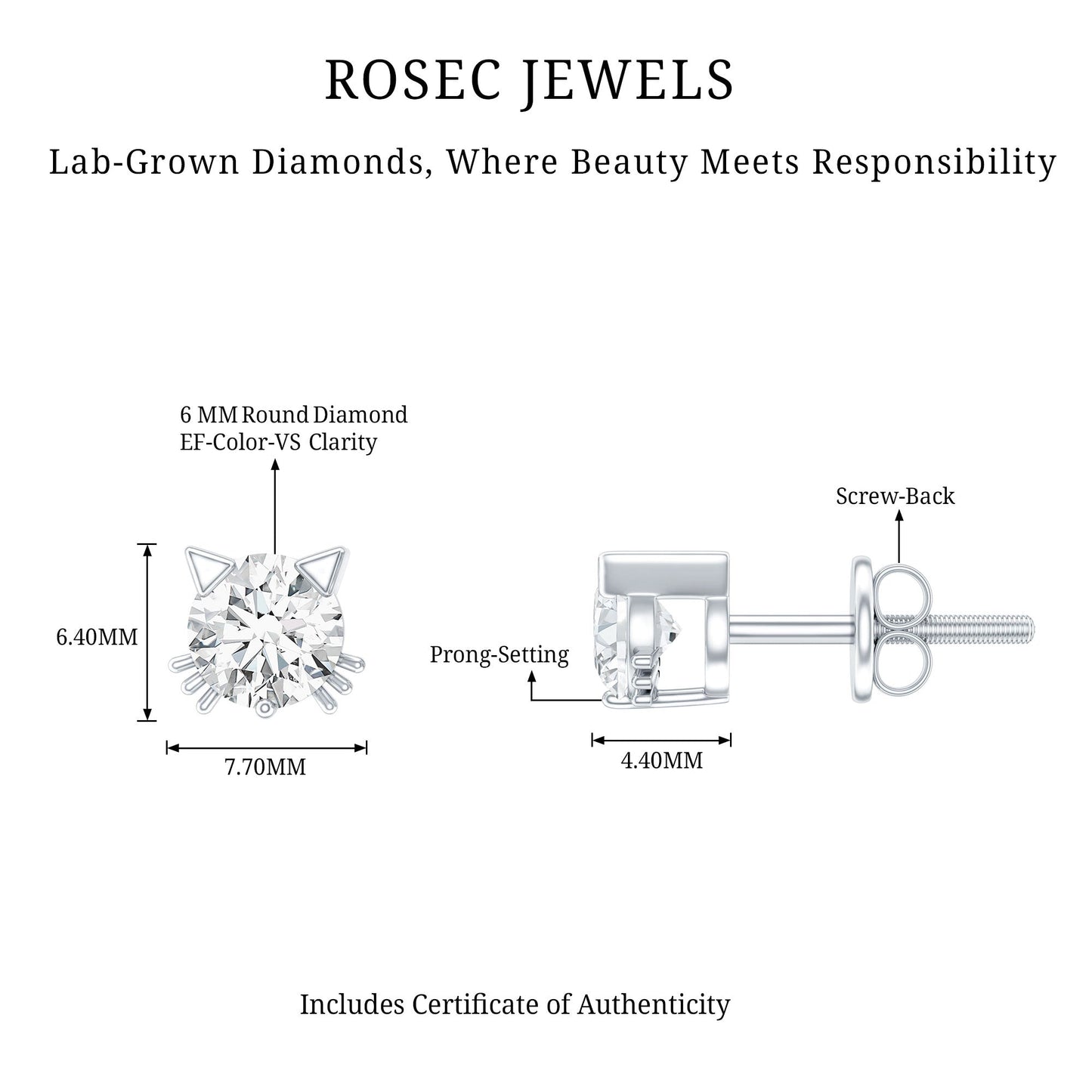 Certified 6MM Lab Grown Diamond Cute Cat Earrings