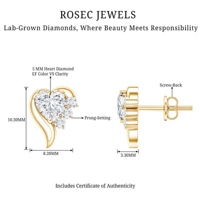 Heart Shape Lab Grown Diamond Minimal Stud Earrings with Screw Back