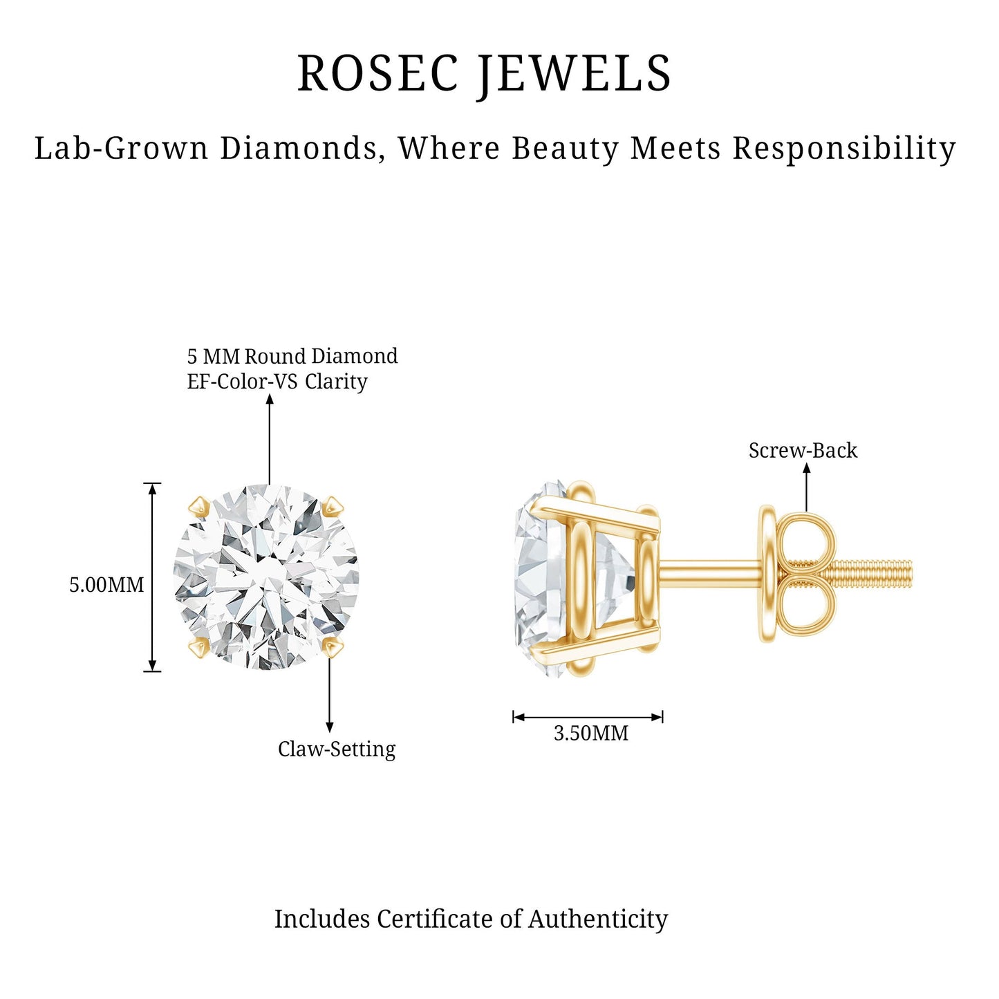 Lab Grown Diamond Solitaire Stud Earrings with Screw Back