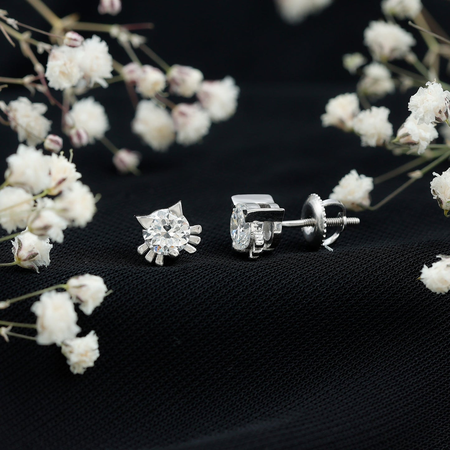 Cute Cat Stud Earrings with Lab Grown Diamond