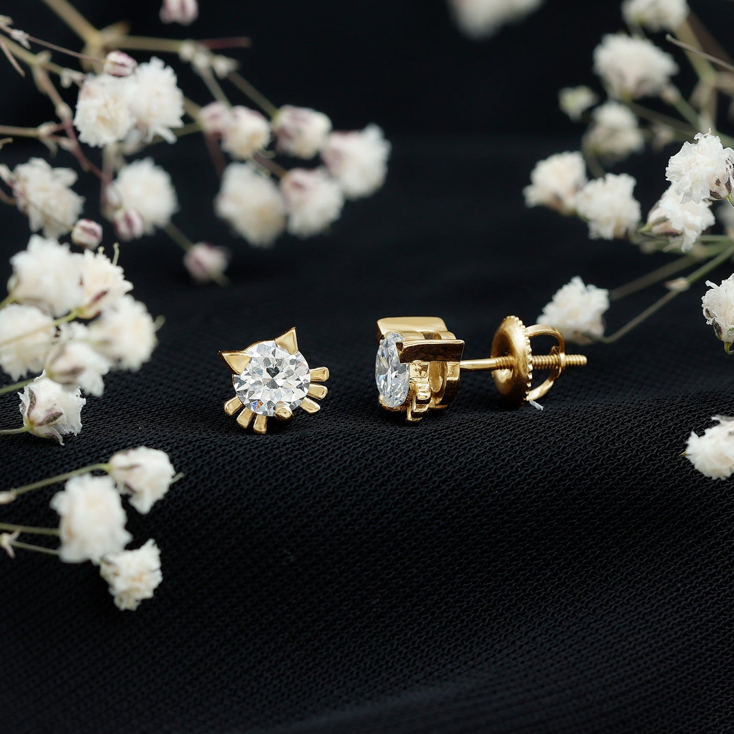 Cute Cat Stud Earrings with Lab Grown Diamond