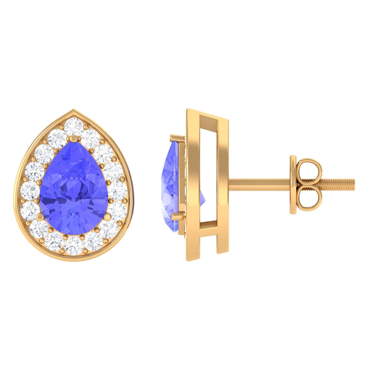 Real 1.6 Carat Pear Shape Tanzanite Stud Earrings with Diamond Halo