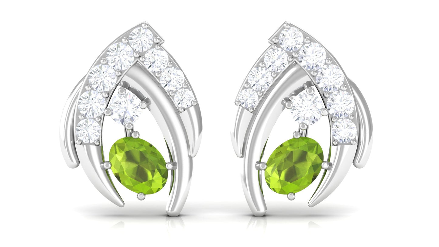 Natural Peridot Stud Earrings with Diamond for Women