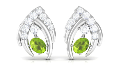 Natural Peridot Stud Earrings with Diamond for Women
