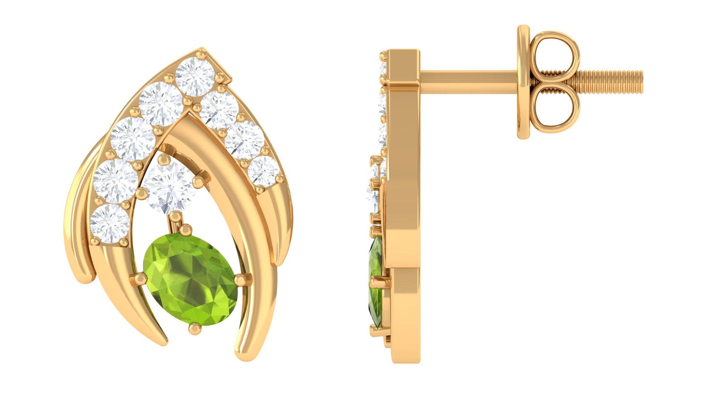 Natural Peridot Stud Earrings with Diamond for Women