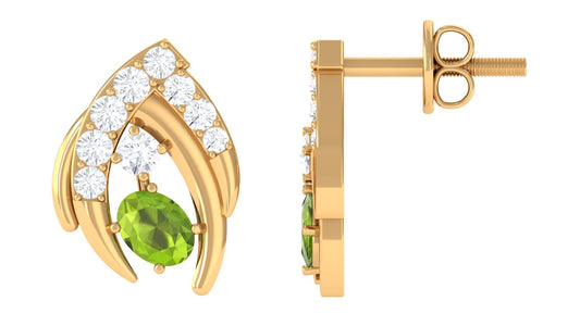 Natural Peridot Stud Earrings with Diamond for Women