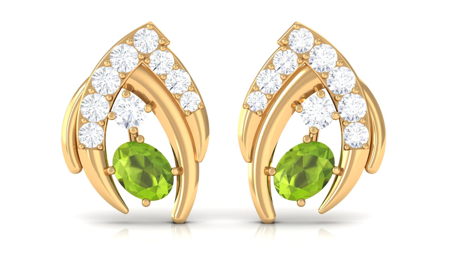 Natural Peridot Stud Earrings with Diamond for Women