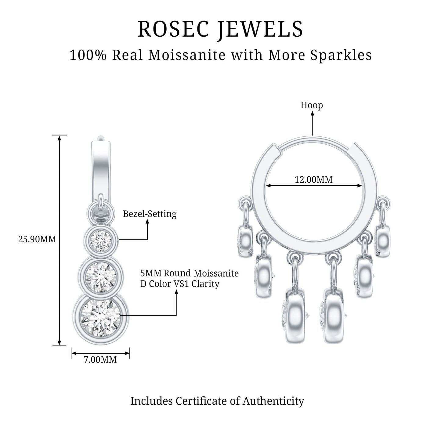 Certified Bezel Set Moissanite Hoop Dangle Earrings