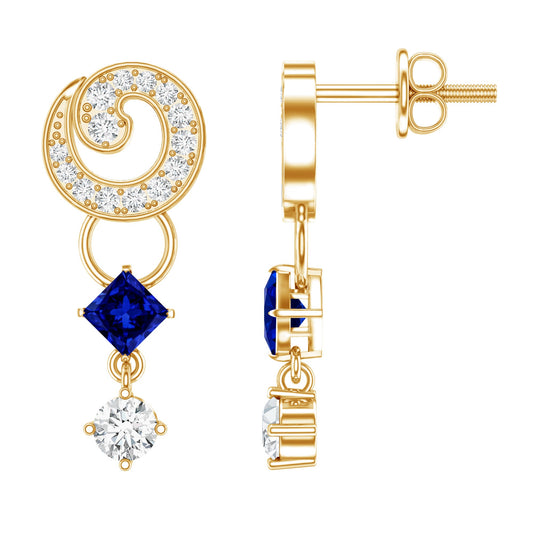 Lab Grown Blue Sapphire and Diamond Wedding Dangle Earrings