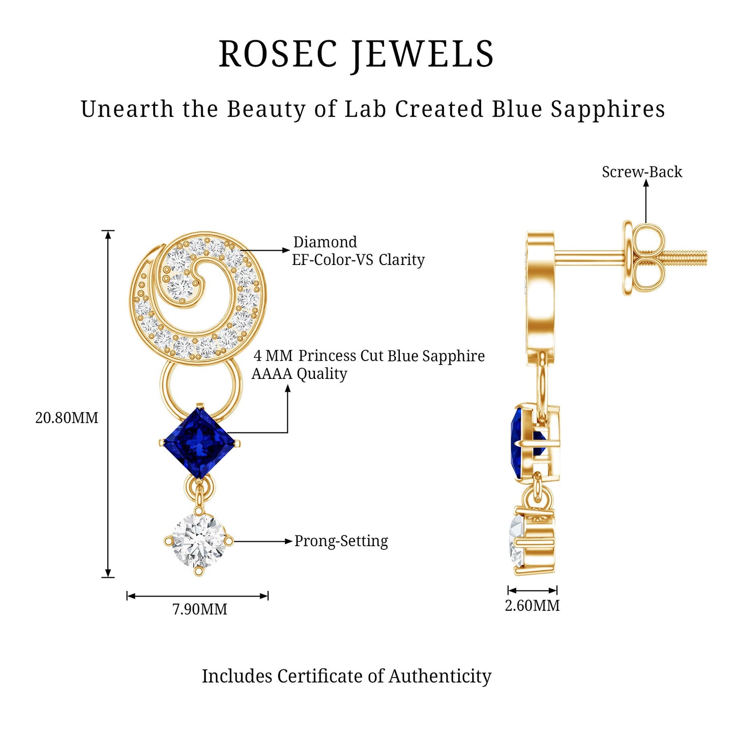 Lab Grown Blue Sapphire and Diamond Wedding Dangle Earrings