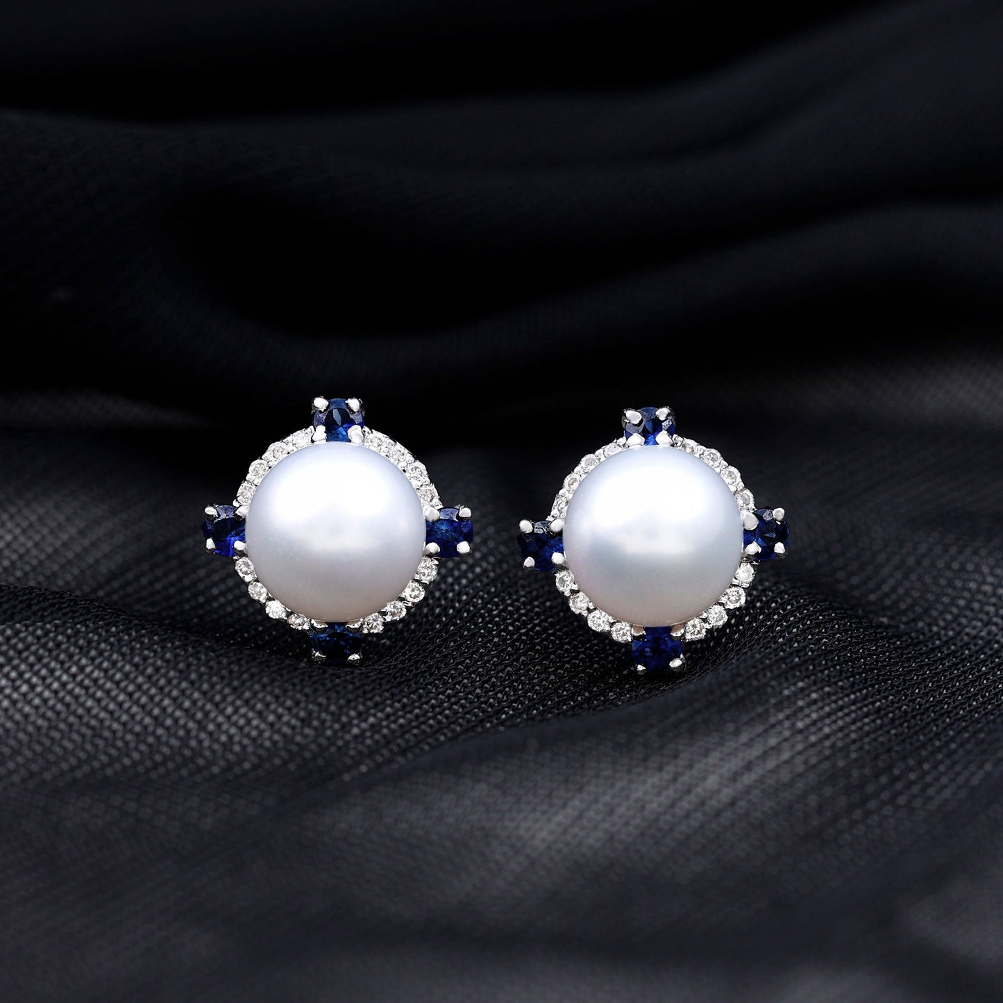 Natural Freshwater Pearl Vintage Earrings With Blue Sapphire
