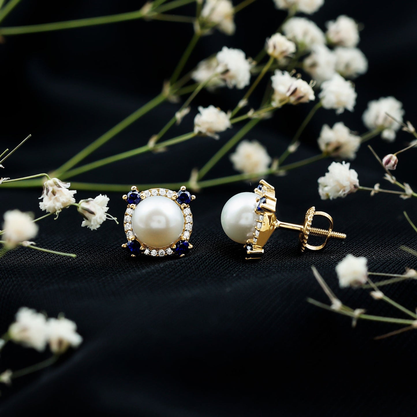 Natural Freshwater Pearl Vintage Earrings With Blue Sapphire