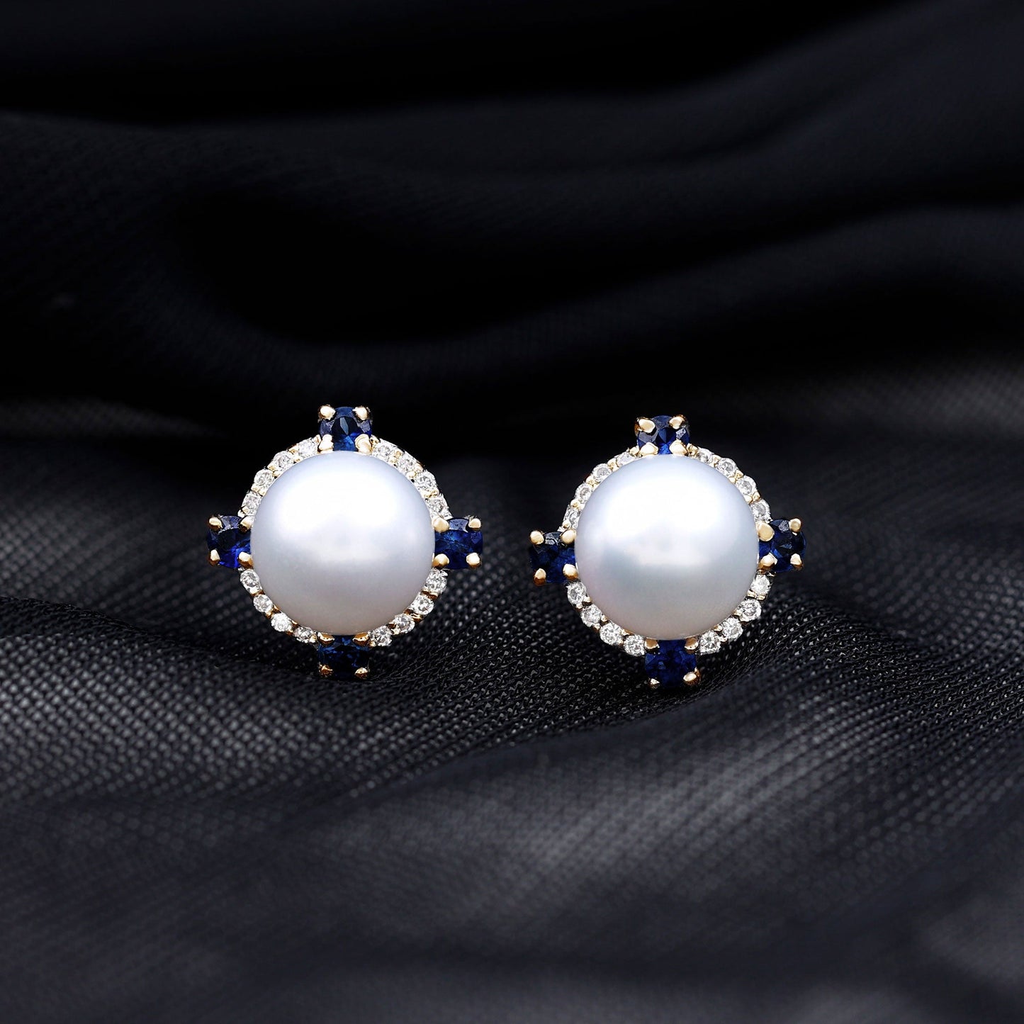 Natural Freshwater Pearl Vintage Earrings With Blue Sapphire