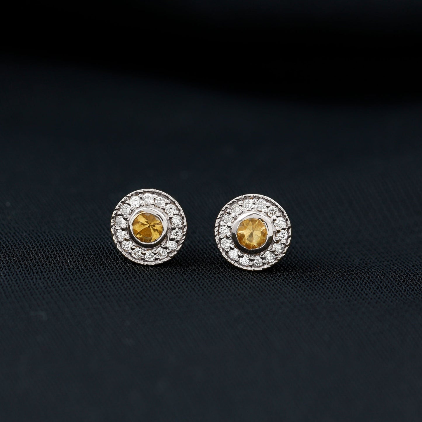Round Citrine Halo Stud Earrings with Diamonds