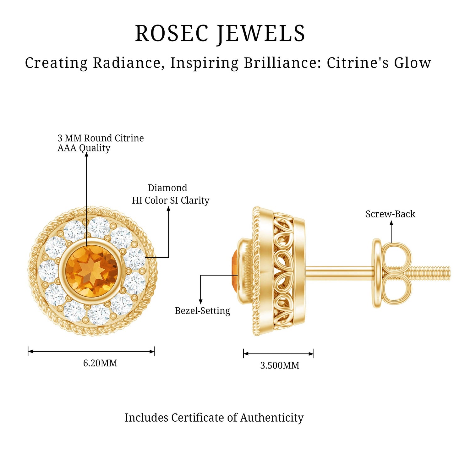 Round Citrine Halo Stud Earrings with Diamonds