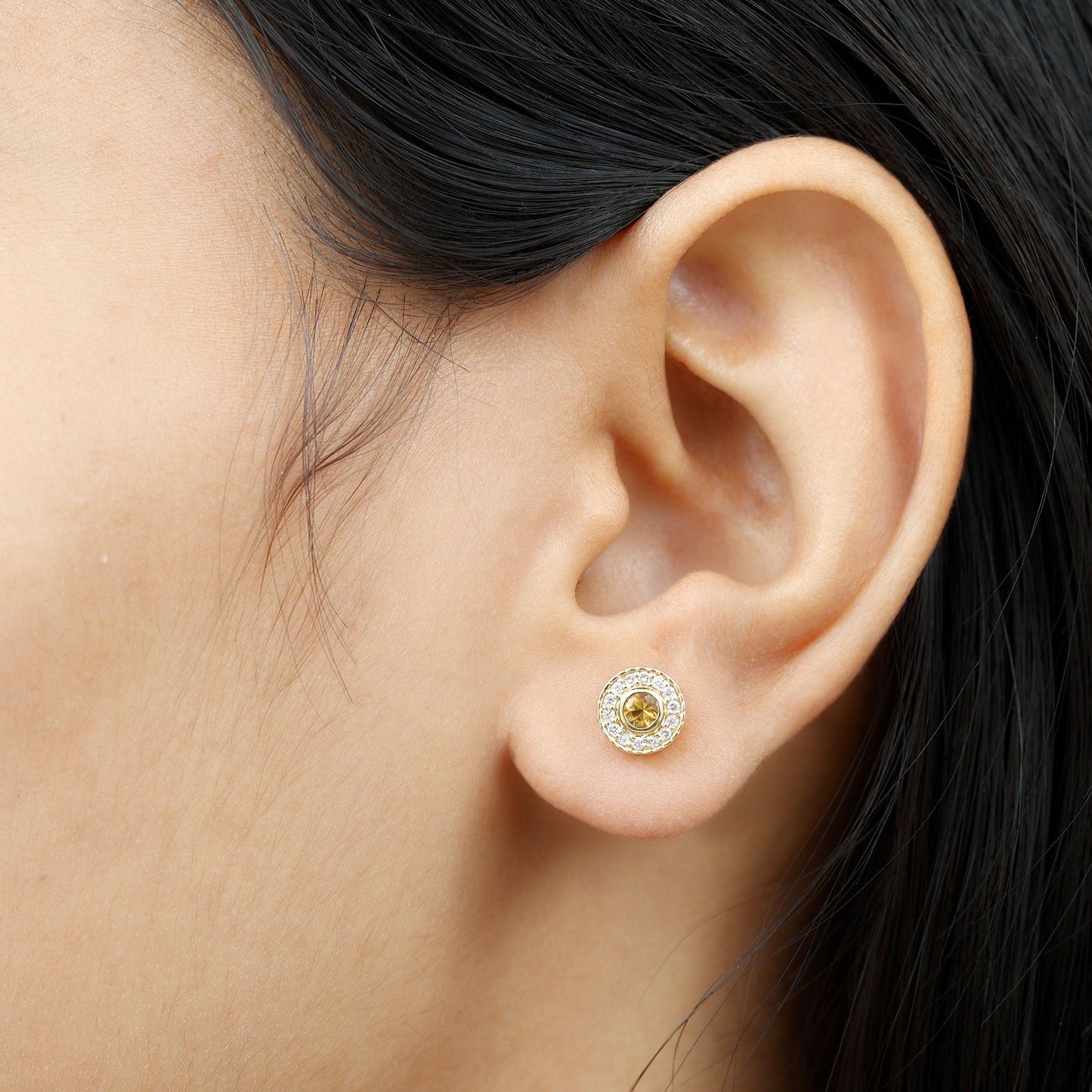Round Citrine Halo Stud Earrings with Diamonds